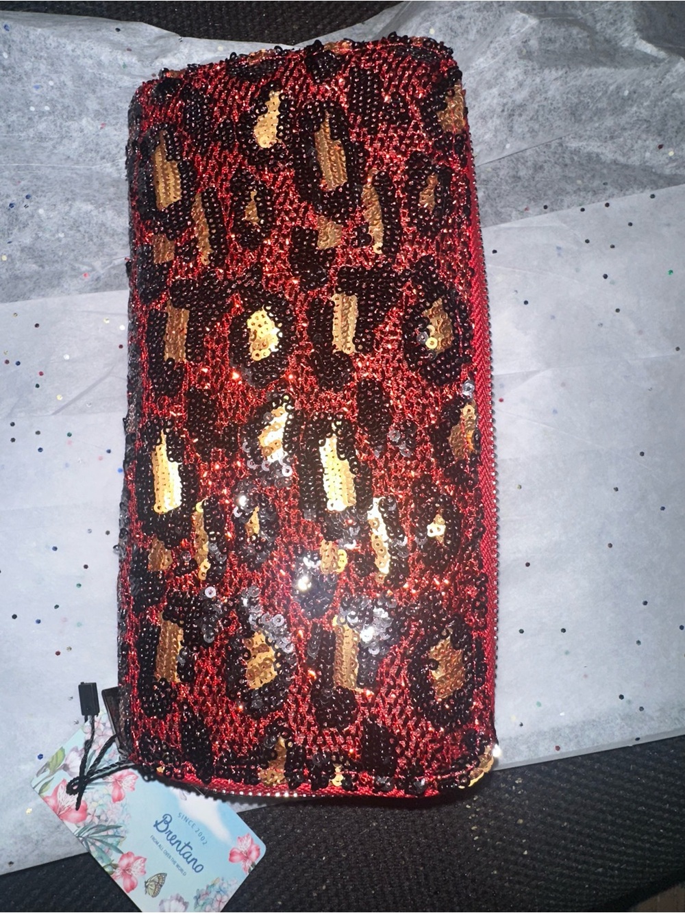 Brentano NWT Sequin Leopard Print Zip Wallet Clutch Red Black Gold Wristlet